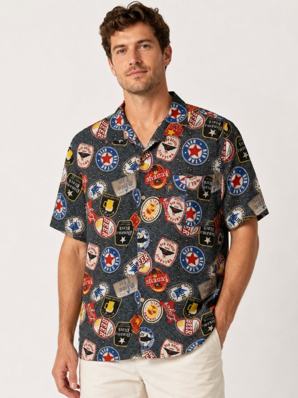 George Men’s L Beer Label Novelty Rayon Button Down Camp Shirt Gray
